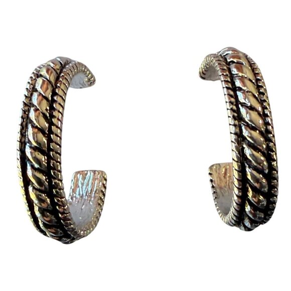 Y2K Silver Tone Textured Rope Edge Hoop Earring 1" Nickel Free Hypoallergenic - Picture 2 of 9